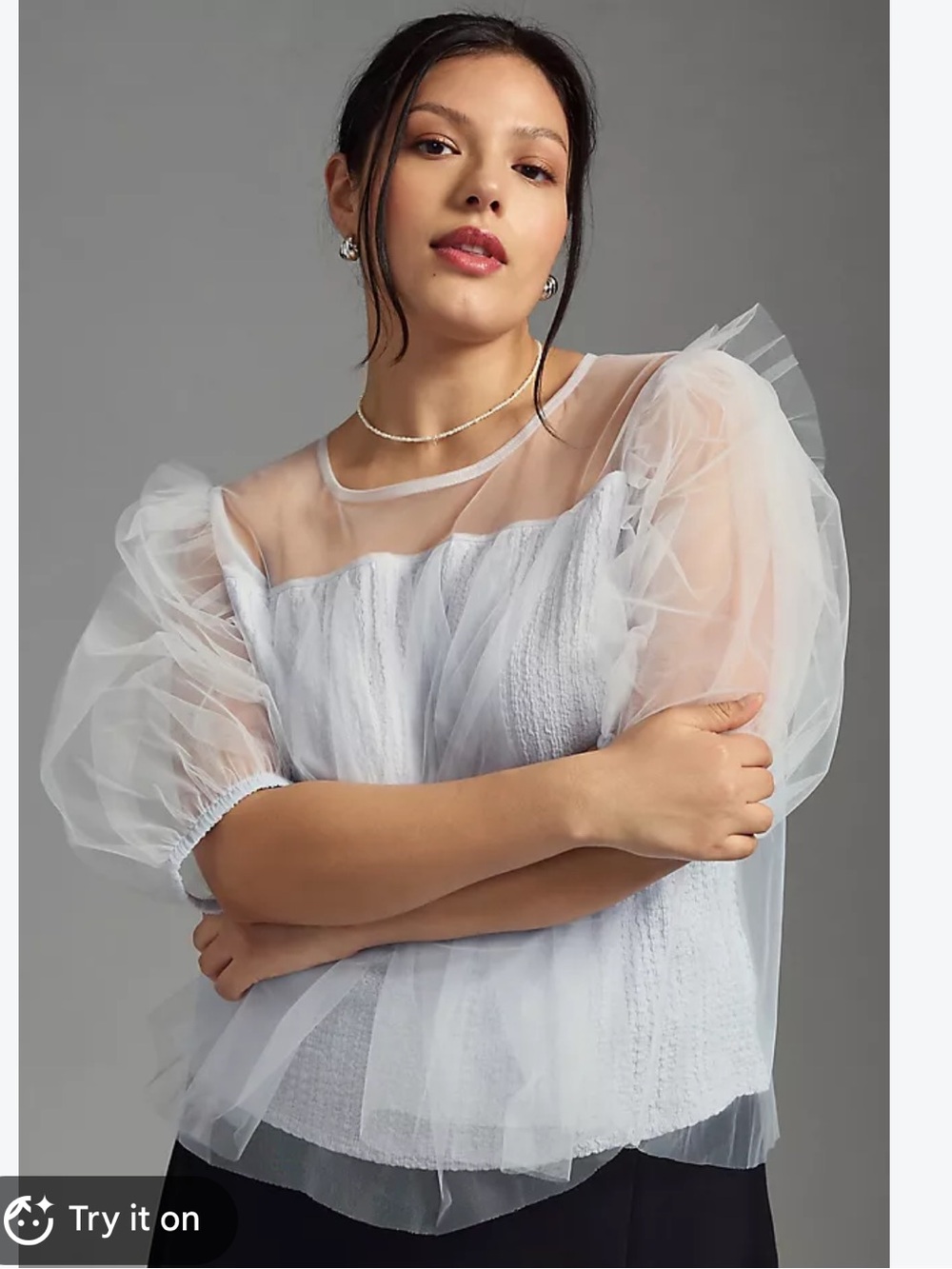Anthropologie By Anthropologie Sheer Puff-Sleeve Top in Light Grey